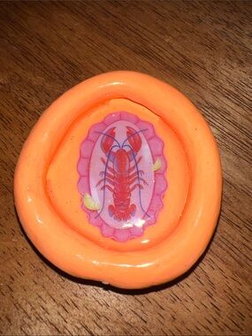 handmade Bright Orange Round Trinket Dish with Lobster Motif